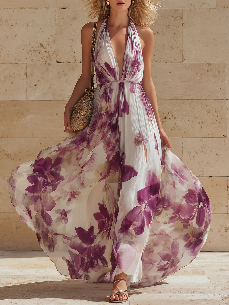 Stylish Minimalist Sleeveless Halter V-Neck Purple Phalaenopsis Print Chiffon Maxi Dress