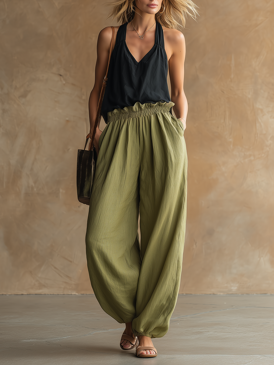 Stylish Simple Sleeveless Wide Straps Black Top And Ruffled Elastic Waist Green Wide-Leg Pants Cotton-Linen Set
