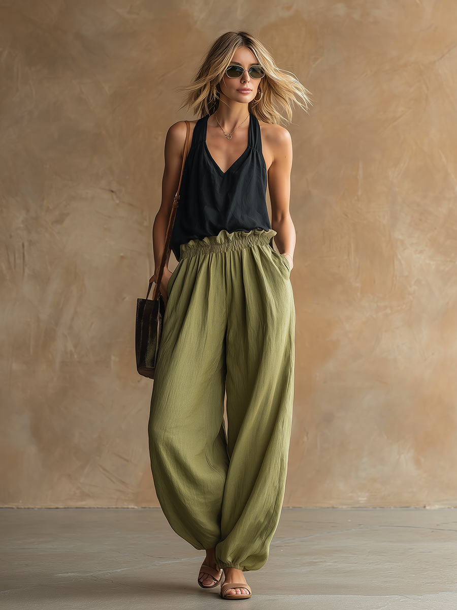Stylish Simple Sleeveless Wide Straps Black Top And Ruffled Elastic Waist Green Wide-Leg Pants Cotton-Linen Set