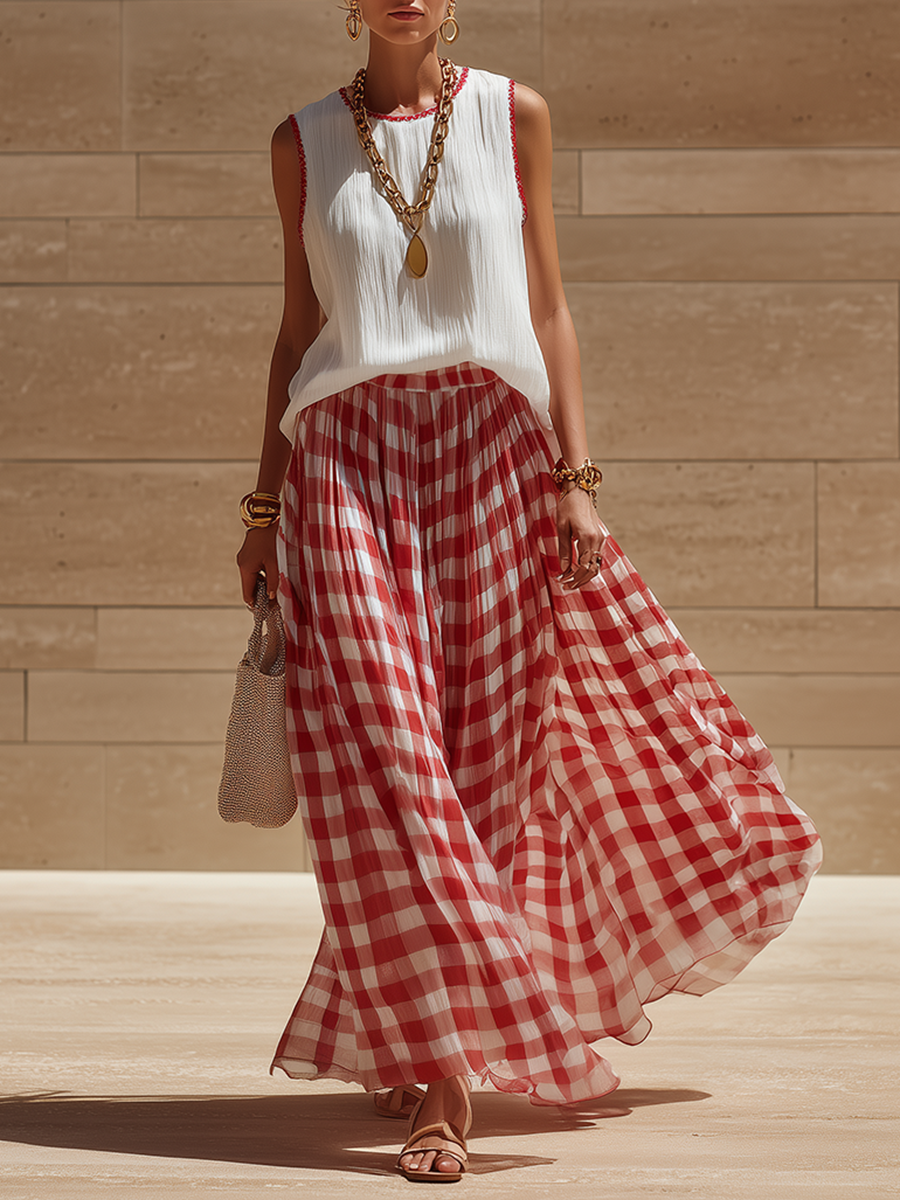 Casual Red And White Plaid Chiffon Print Skirt And White Sleeveless Top Set
