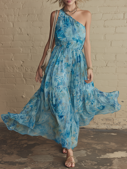 Vacation Style Blue Chiffon Floral Print Sleeveless Maxi Dress