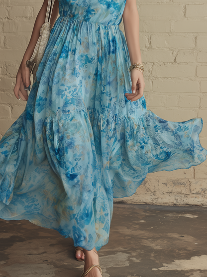 Vacation Style Blue Chiffon Floral Print Sleeveless Maxi Dress