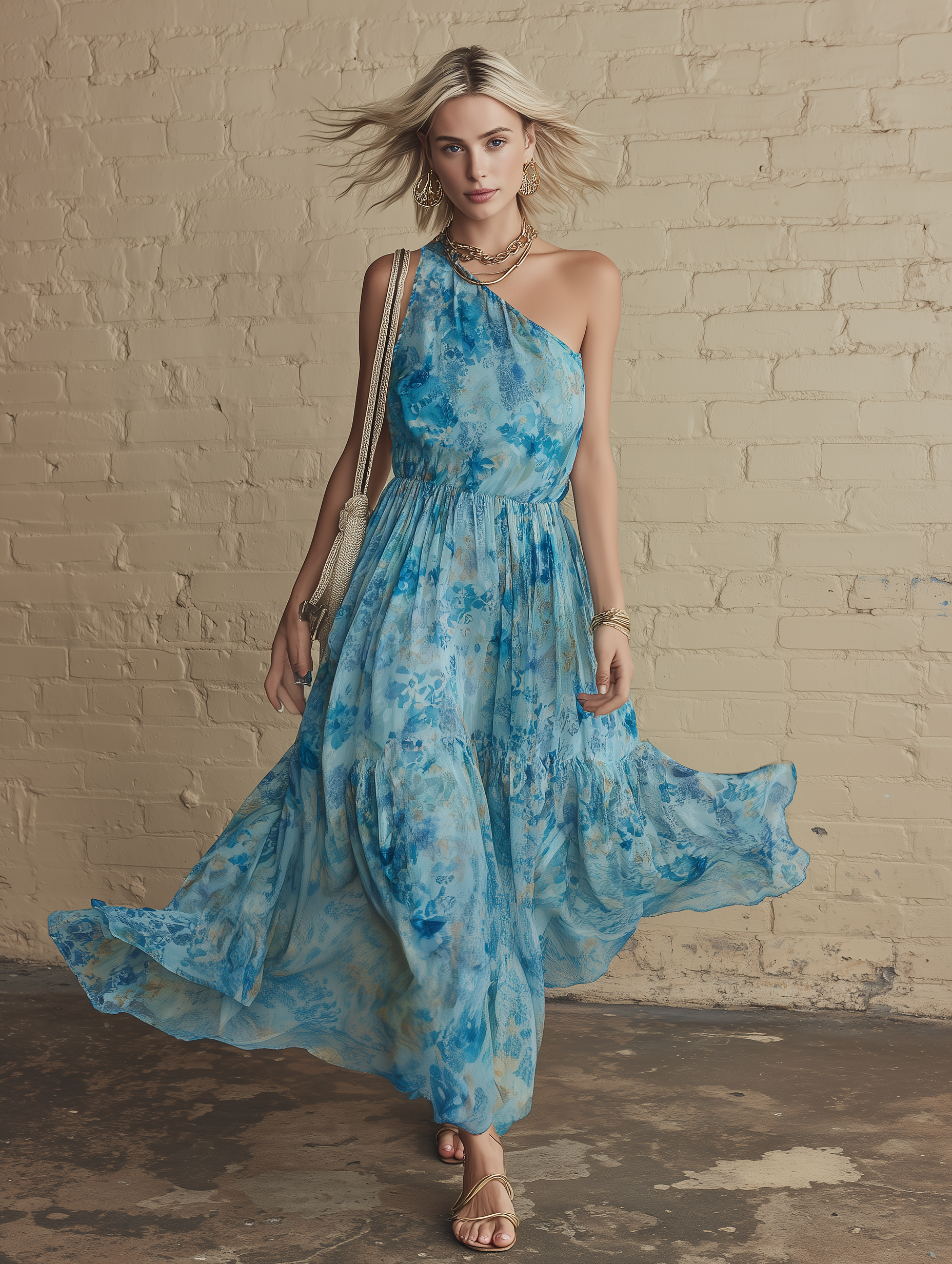 Vacation Style Blue Chiffon Floral Print Sleeveless Maxi Dress