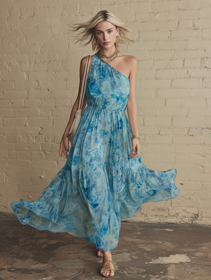 Vacation Style Blue Chiffon Floral Print Sleeveless Maxi Dress