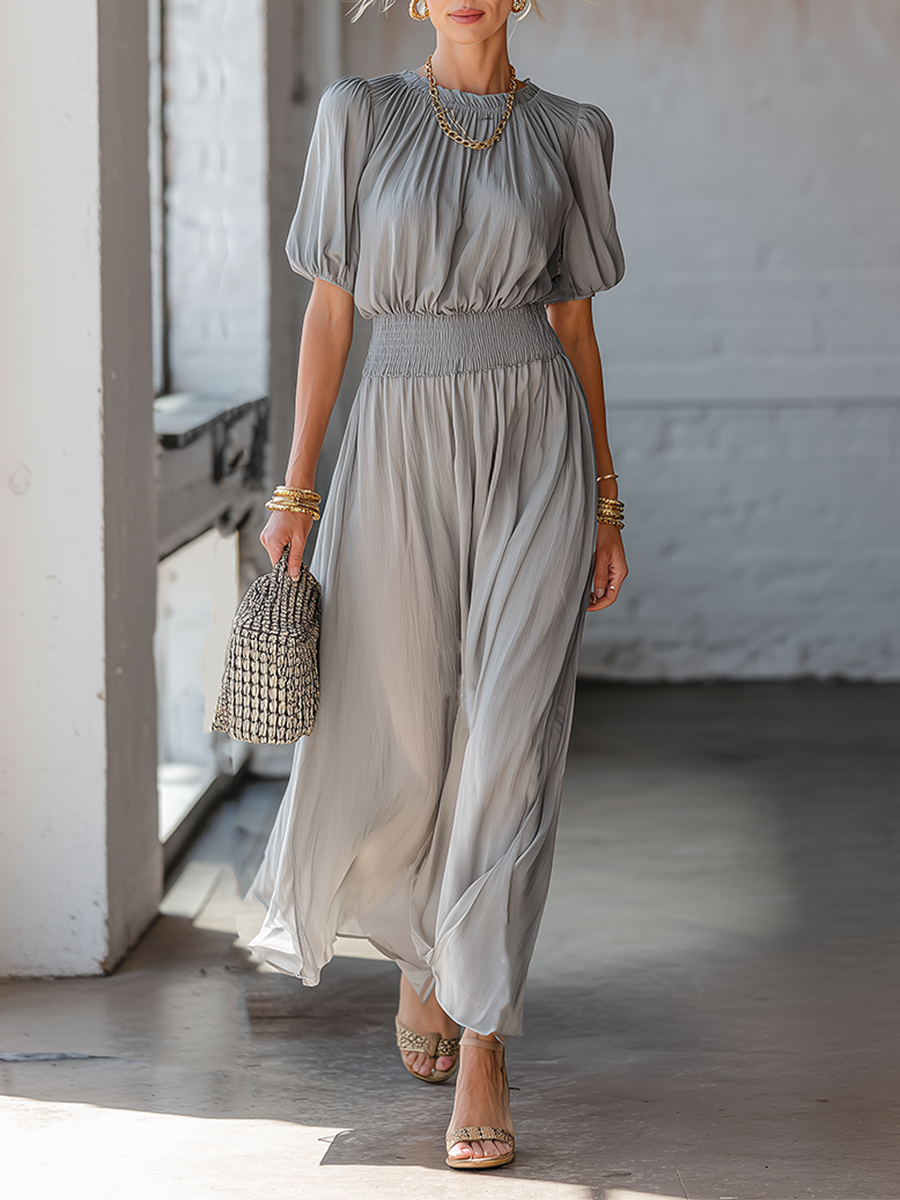 Casual Grey Chiffon Short Sleeve Pleated Maxi Dress