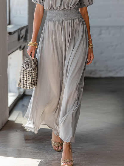 Casual Grey Chiffon Short Sleeve Pleated Maxi Dress