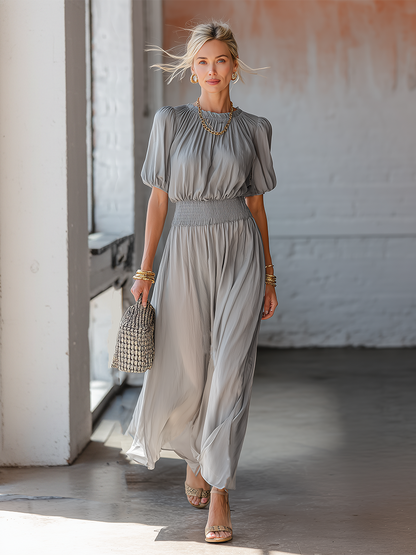 Casual Grey Chiffon Short Sleeve Pleated Maxi Dress