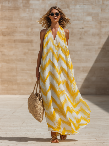 Stylish Simple Sleeveless V-Neck Yellow Herringbone-Print Chiffon Maxi Dress
