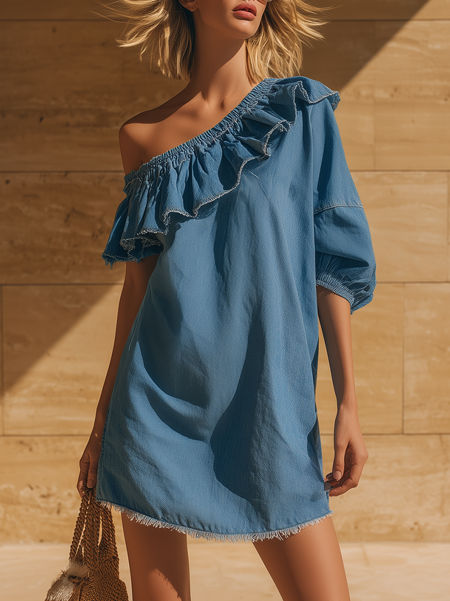 Stylish Minimalist Short-Sleeve One-Shoulder Ruffled Neckline Frayed Hem Denim Mini Dress