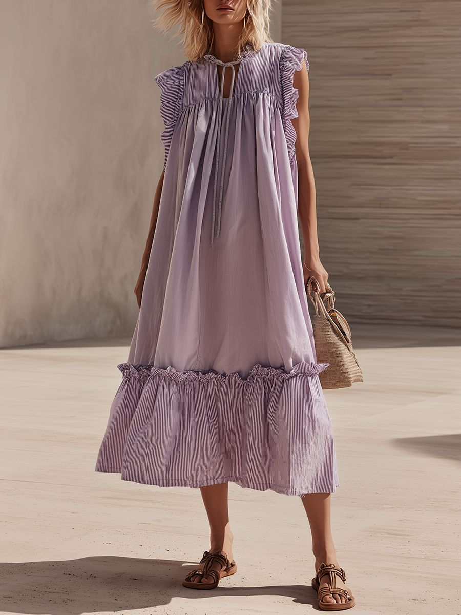 Stylish Minimalist Sleeveless Straight-Cut Striped Paneling Drawstring Neckline Purple Cotton Midi Dress