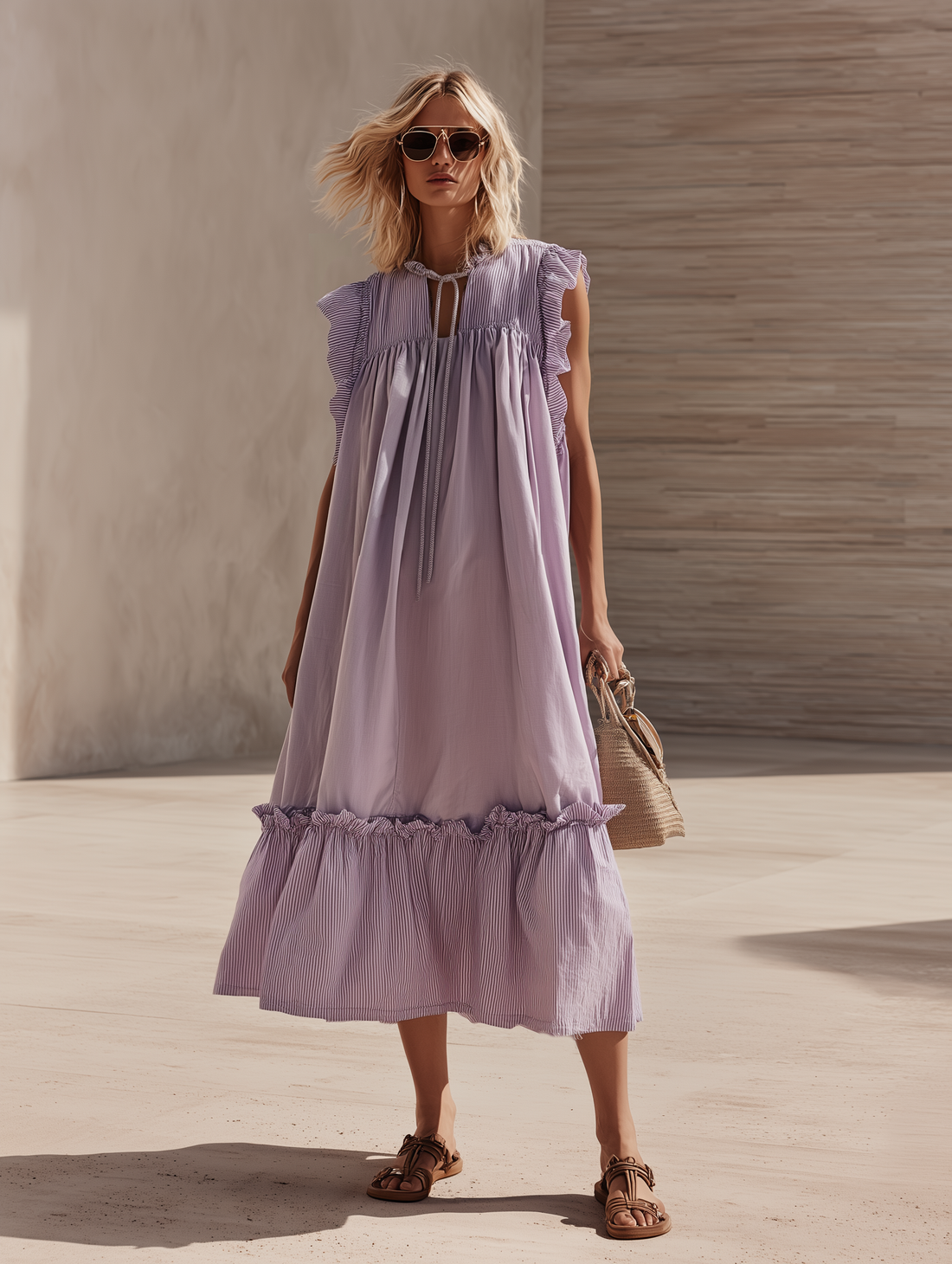 Stylish Minimalist Sleeveless Straight-Cut Striped Paneling Drawstring Neckline Purple Cotton Midi Dress