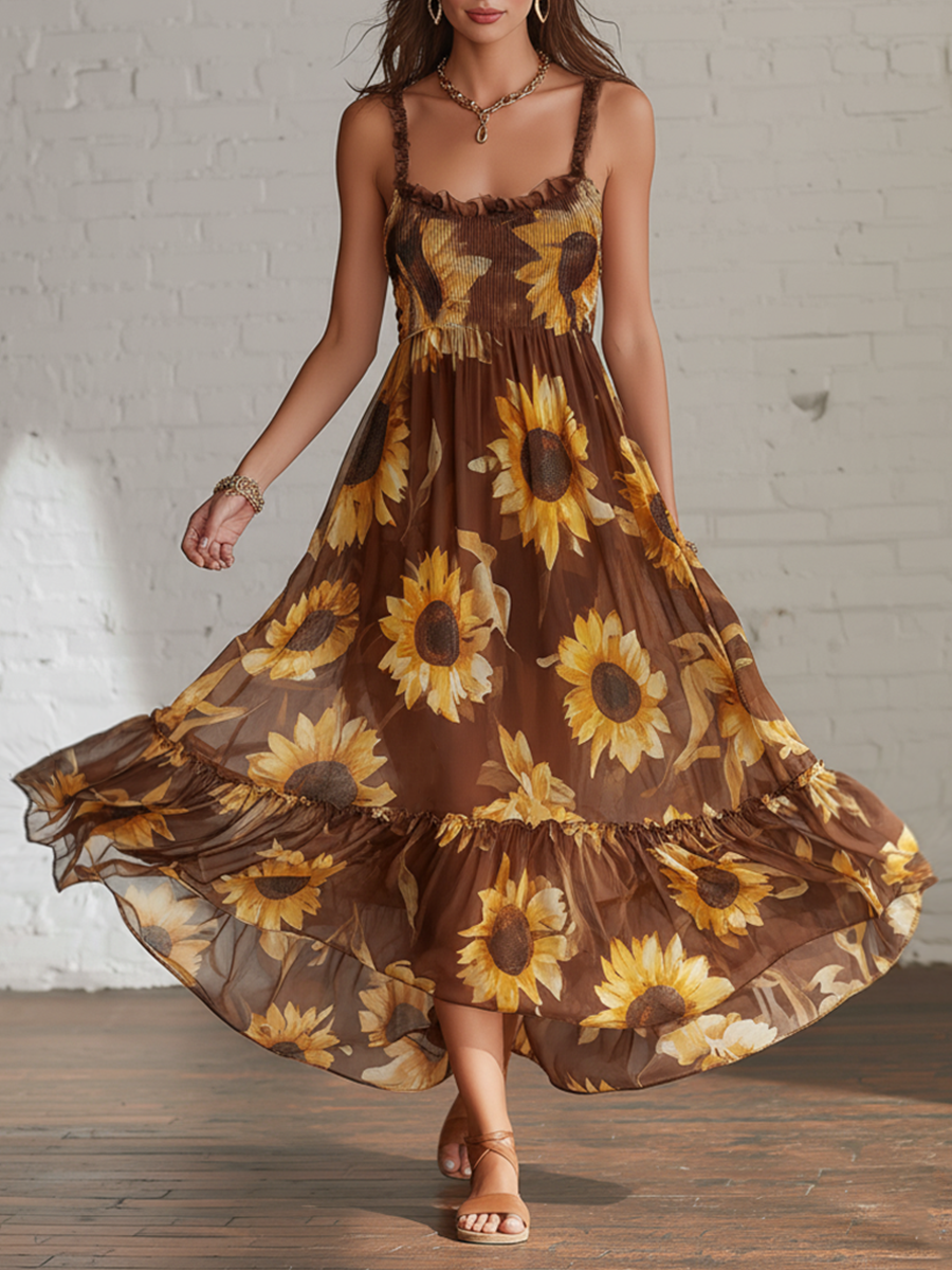 Vacation Style Brown Chiffon With Sunflower Print And Spaghetti Straps Midi Dress