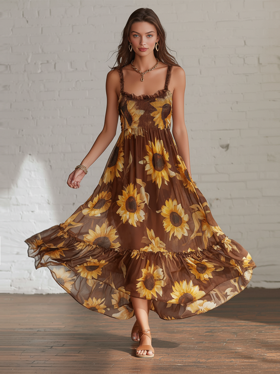 Vacation Style Brown Chiffon With Sunflower Print And Spaghetti Straps Midi Dress