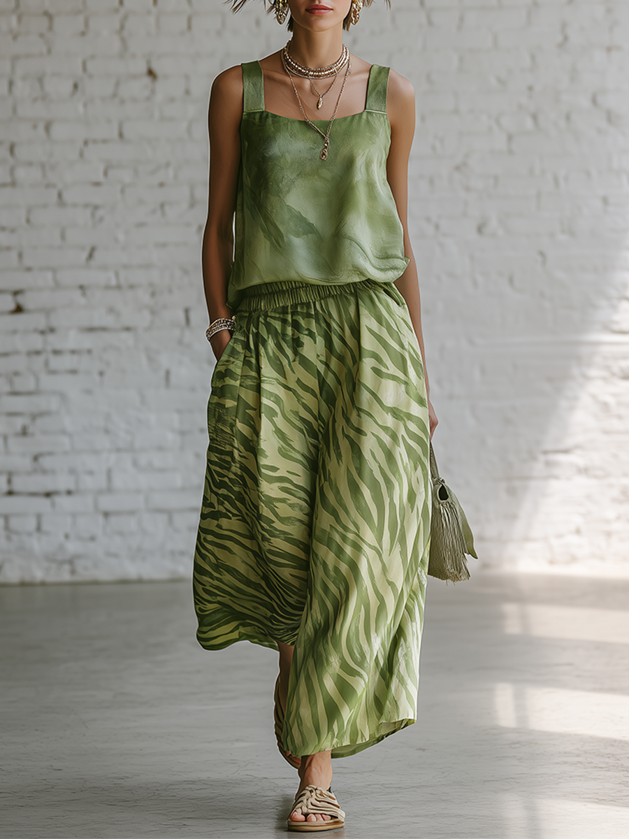 Casual Green Chiffon Sleeveless Top And Green Zebra Print Wide Leg Pants Set