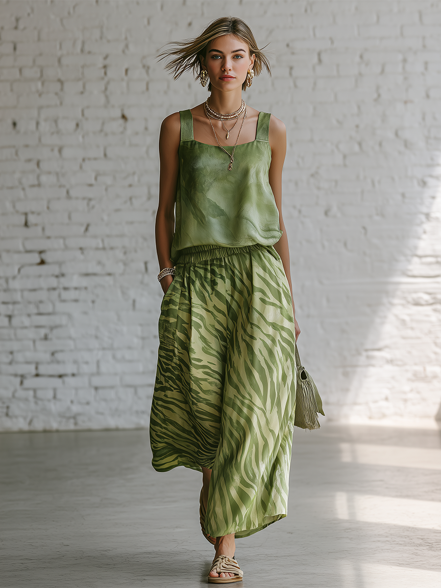 Casual Green Chiffon Sleeveless Top And Green Zebra Print Wide Leg Pants Set