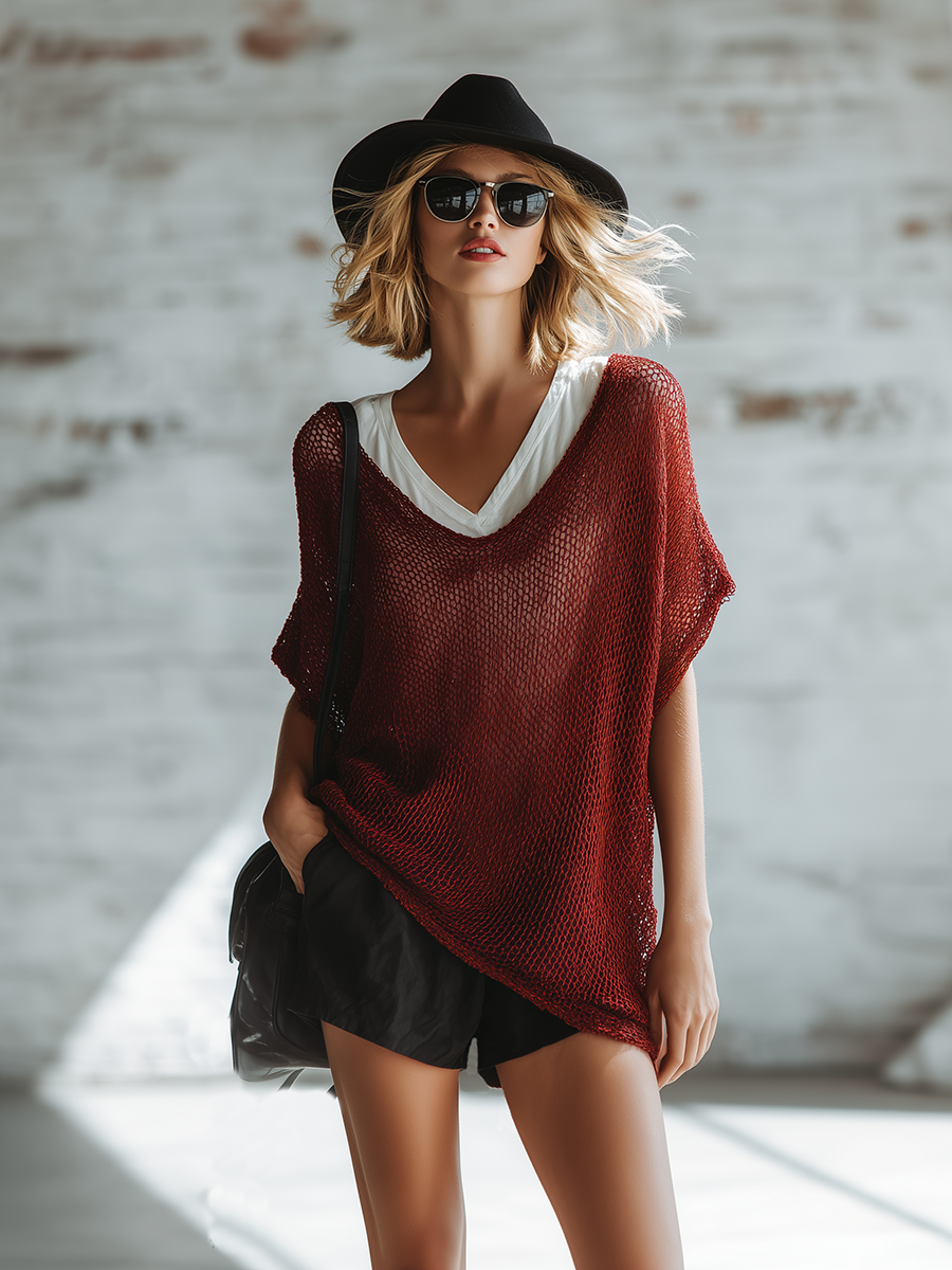 Stylish Minimalist Short-Sleeve V-Neck White Undershirt Red Knit Top And Black Cotton Short Set