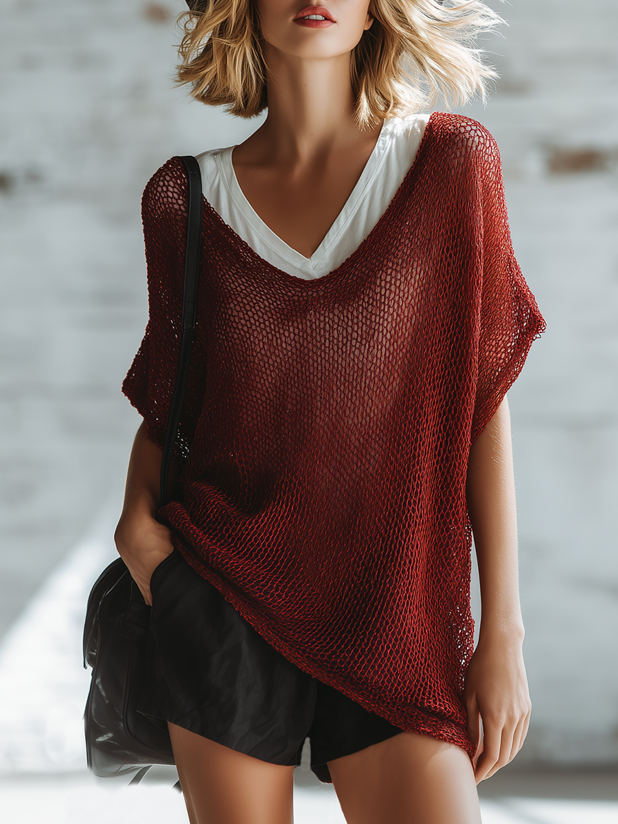 Stylish Minimalist Short-Sleeve V-Neck White Undershirt Red Knit Top And Black Cotton Short Set