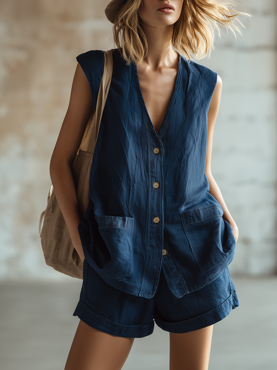 Stylish Simple Sleeveless V-Neck Button-Front Pockets Top And Shorts Denim Blue Set