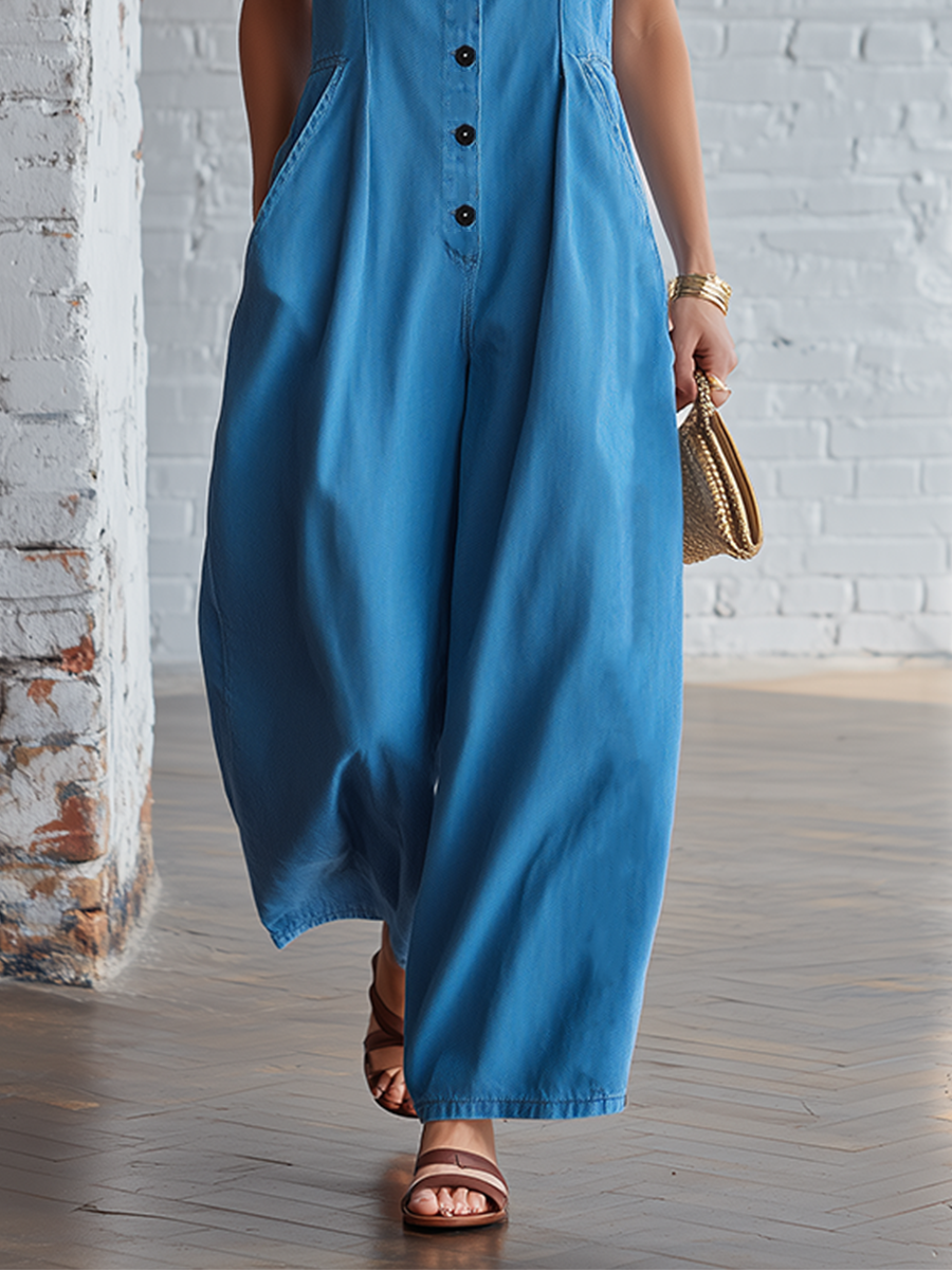 Retro Blue Sleeveless V-Neck Denim Jumpsuit