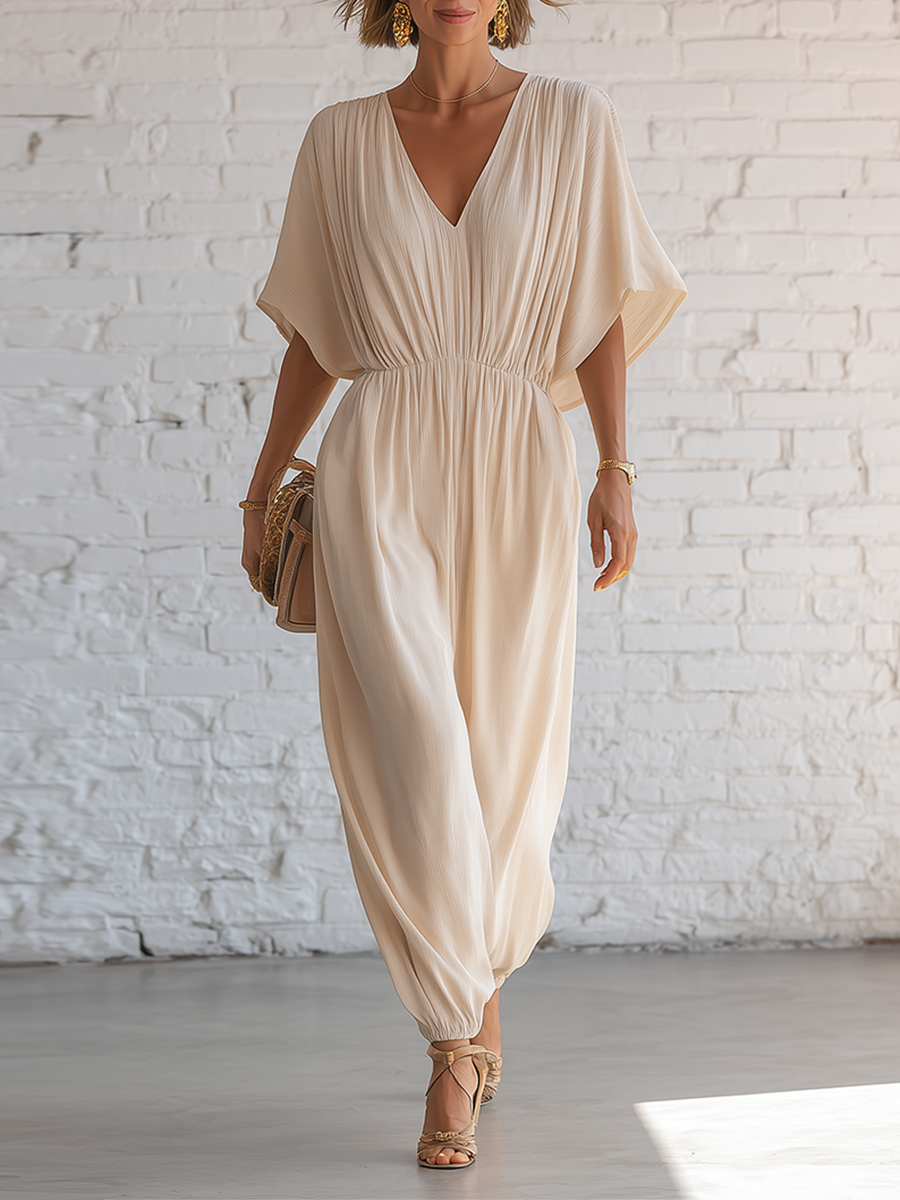 Vacation Style Beige V-Neck Short Sleeve Pleated Chiffon Jumpsuit