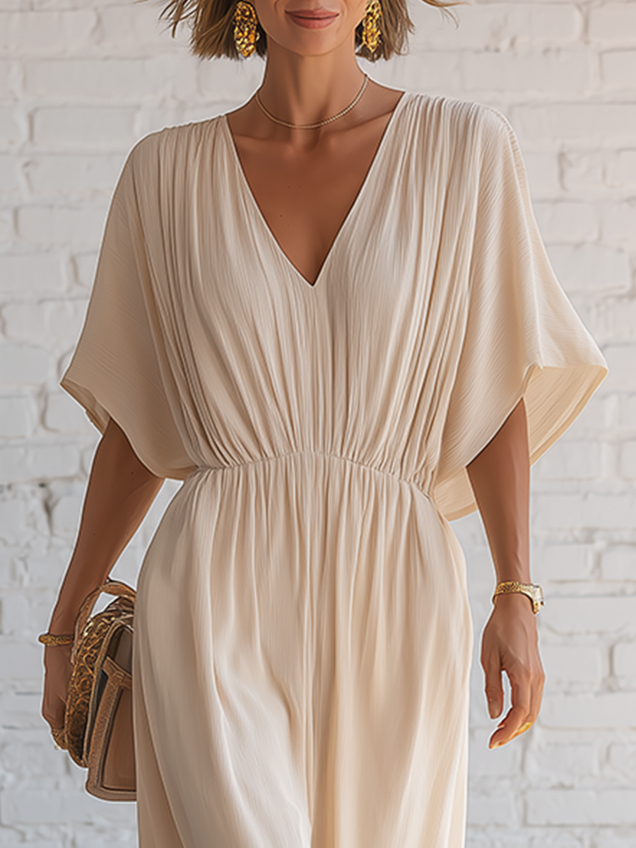 Vacation Style Beige V-Neck Short Sleeve Pleated Chiffon Jumpsuit