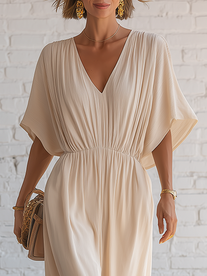 Vacation Style Beige V-Neck Short Sleeve Pleated Chiffon Jumpsuit