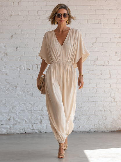 Vacation Style Beige V-Neck Short Sleeve Pleated Chiffon Jumpsuit