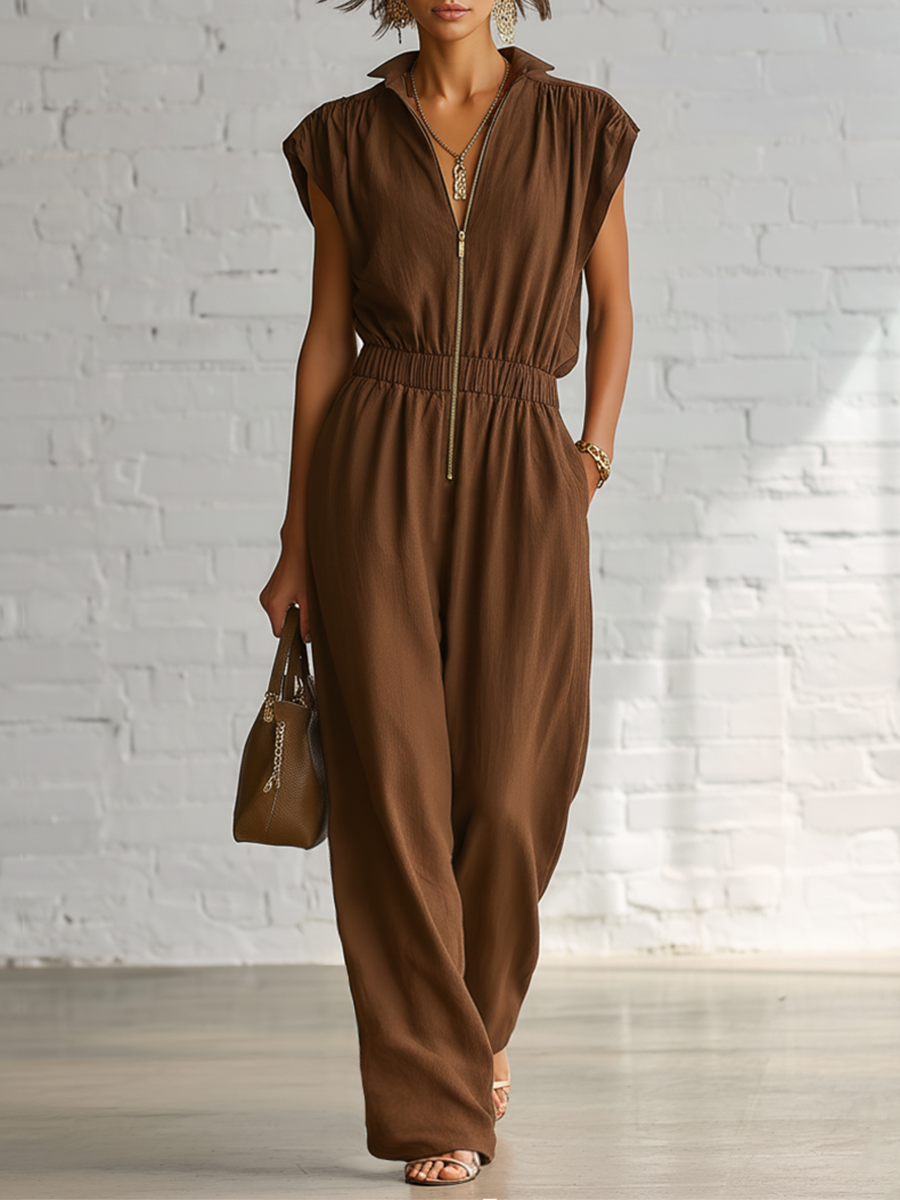 Brown Cotton Linen Short Sleeve Collared With Zipper And Elastic Waist Jumpsuit
