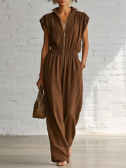 Brown Cotton Linen Short Sleeve Collared With Zipper And Elastic Waist Jumpsuit