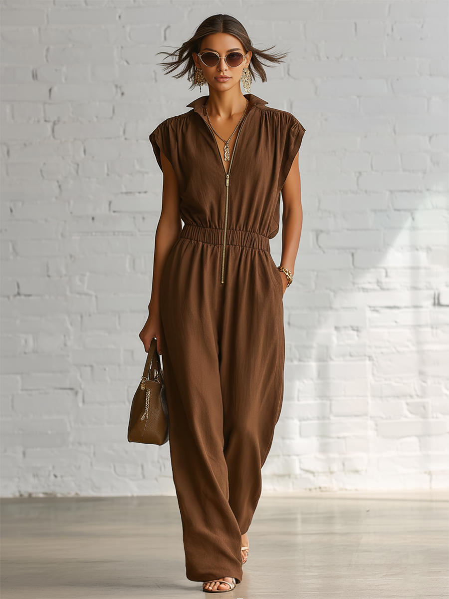 Brown Cotton Linen Short Sleeve Collared With Zipper And Elastic Waist Jumpsuit