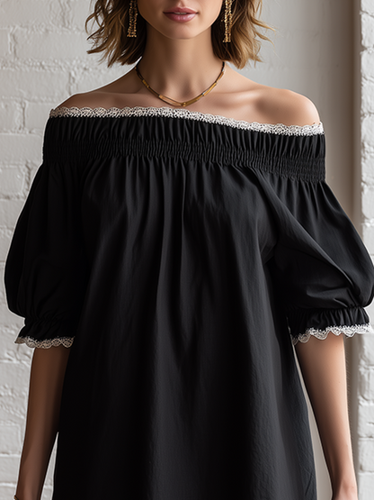 Casual Black Cotton Linen Off Shoulder With Short Sleeves And Lace Splicing Mini Dress