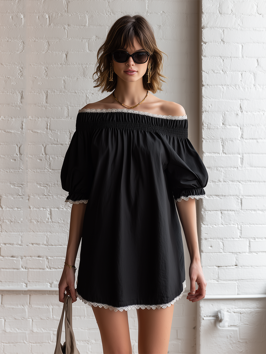 Casual Black Cotton Linen Off Shoulder With Short Sleeves And Lace Splicing Mini Dress