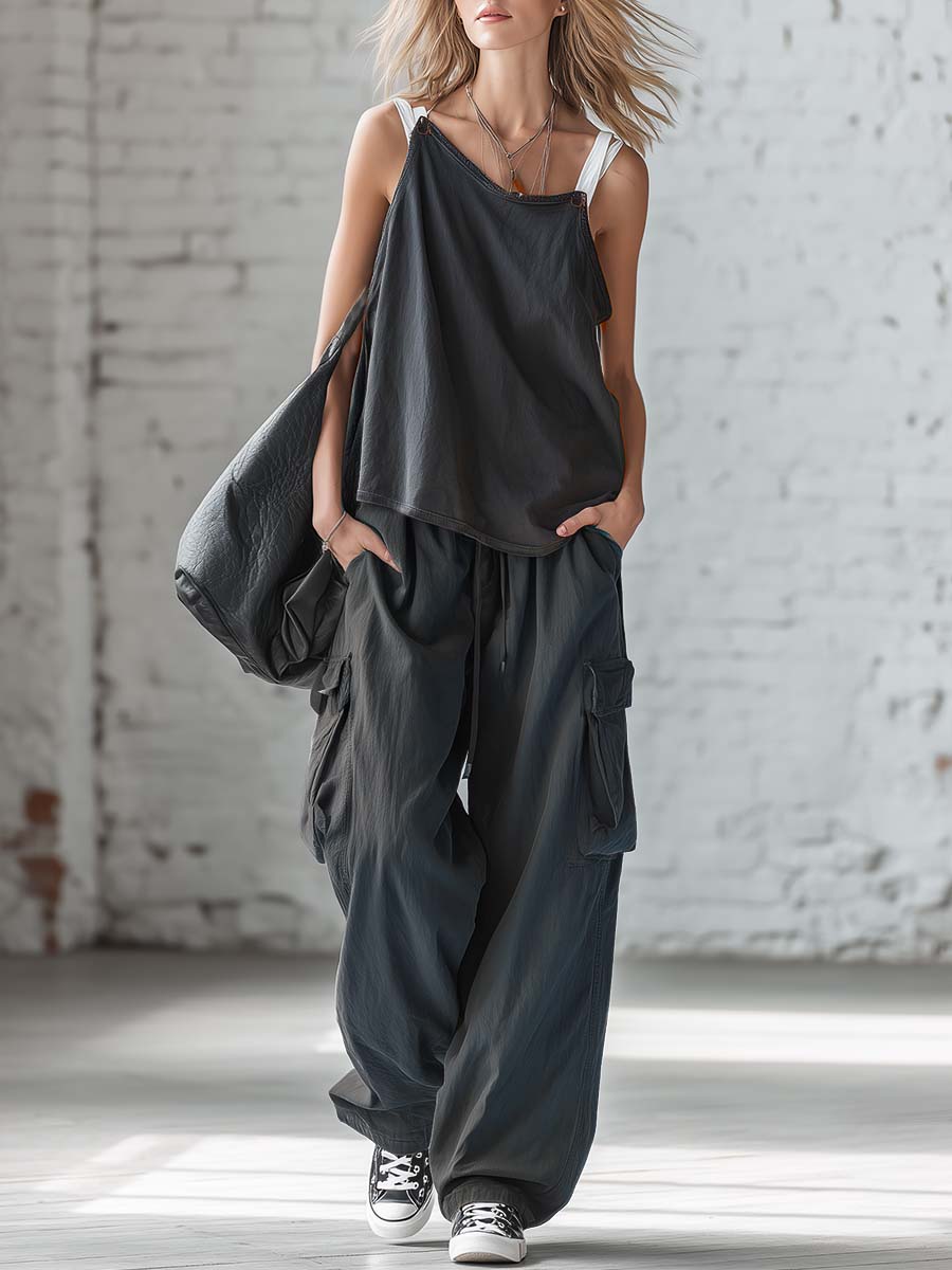 Exquisite Casual Workwear-inspired Dark Blue Cotton Off-the-shoulder Tank Top And Pants Set
