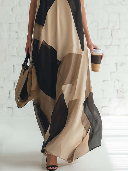 Vintage Elegant Flowing Halter-neck Black And Beige Contrasting Print Chiffon Maxi Dress