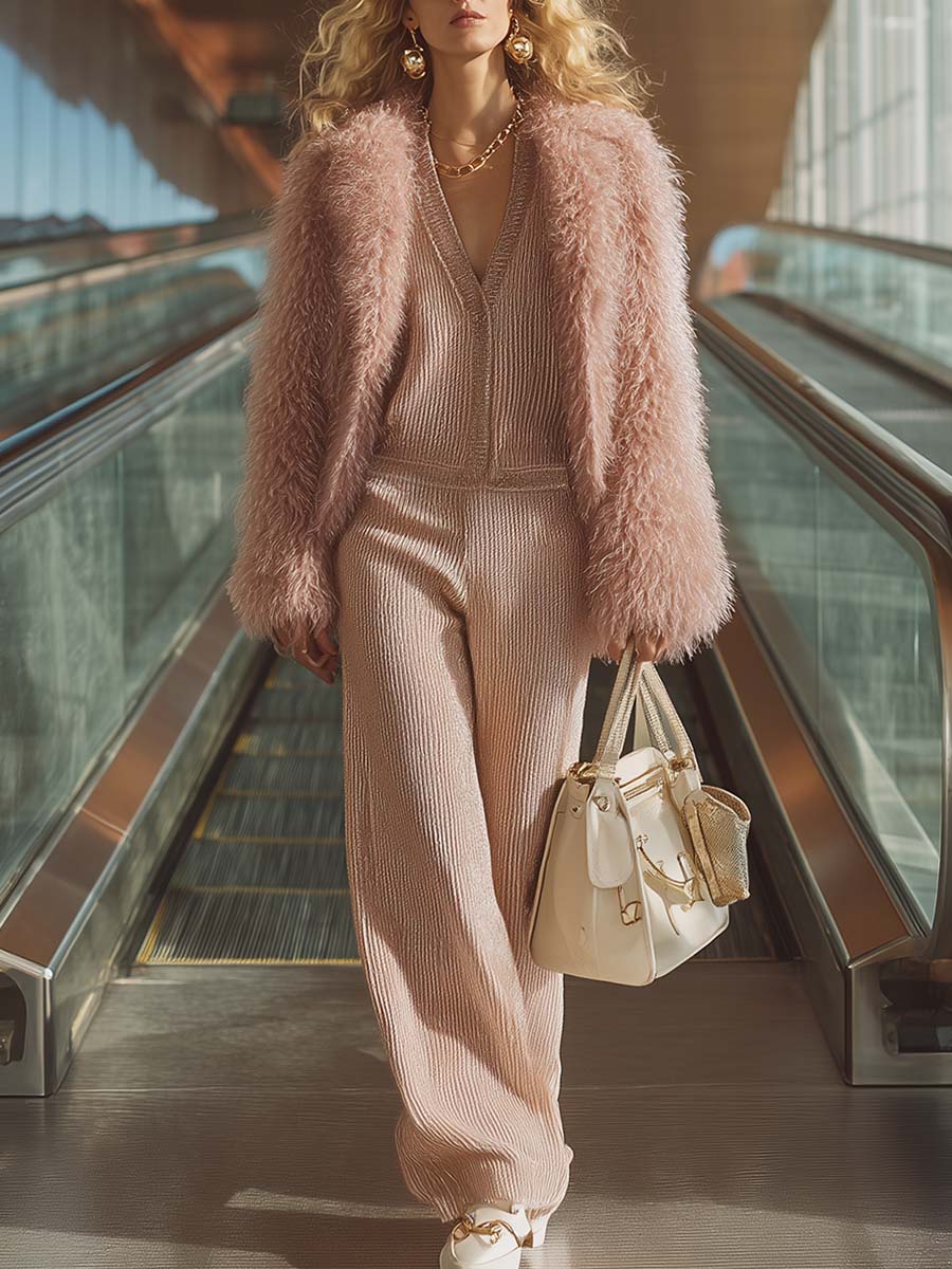 Retro Fashion Party Pink Eco-friendly Fur Jacket And V-neck Knit Top And Pants Three-piece Set