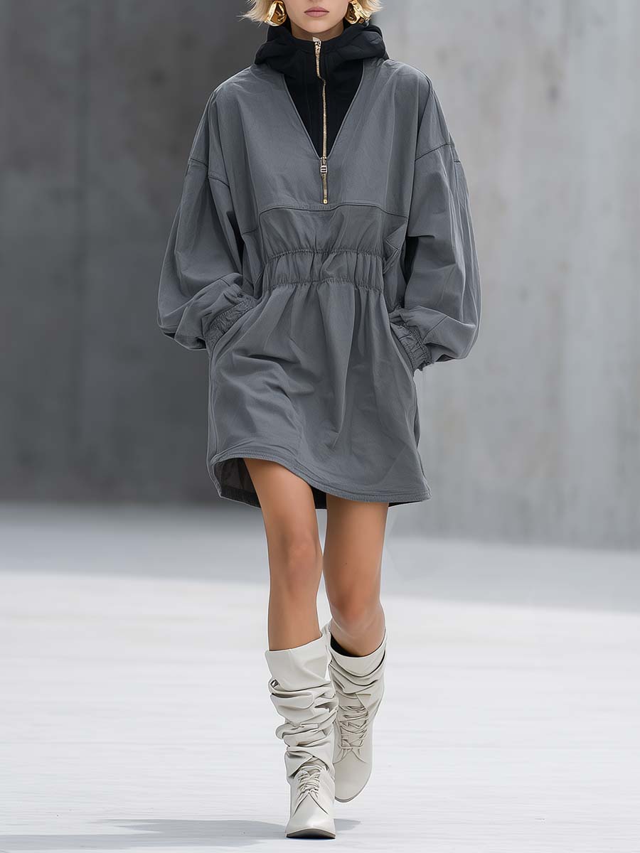 Exquisite Casual Black Contrast Stand Collar Hooded Gray Cotton Sweatshirt Style Mini Dress