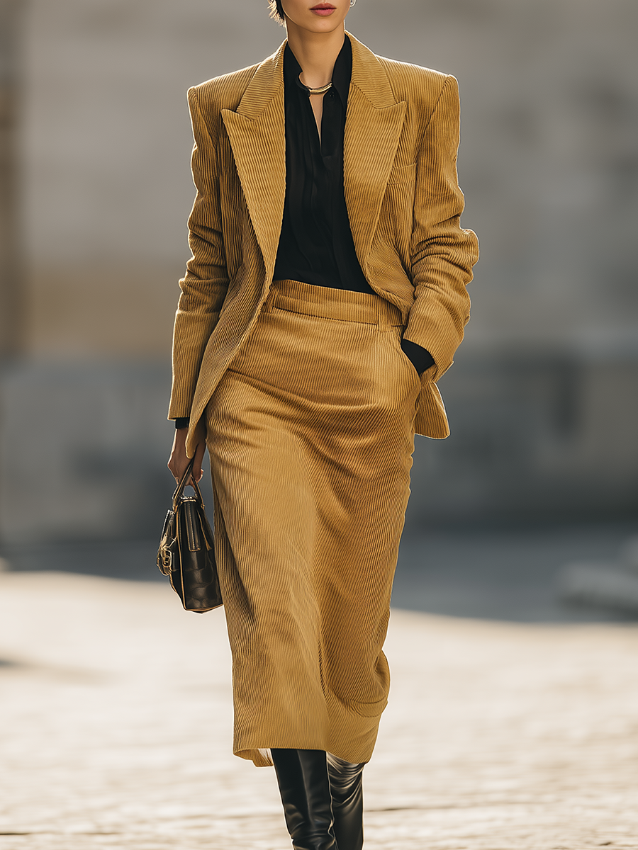 Retro Corduroy Blazer And Skirt Set