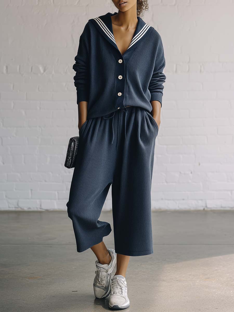 Classic Vintage Nautical Sporty Dark Blue Knitted Navy Collar Front-buttoned Top And Pants Set