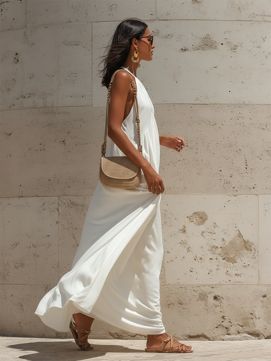 Retro-style Loose-fitting Sleeveless Halter-neck Cutout White Cotton Maxi Dress