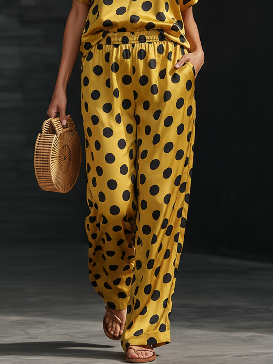 Retro Yellow Satin Satin Black Polka Dot Short sleeved Top And Wide Leg Pants Set