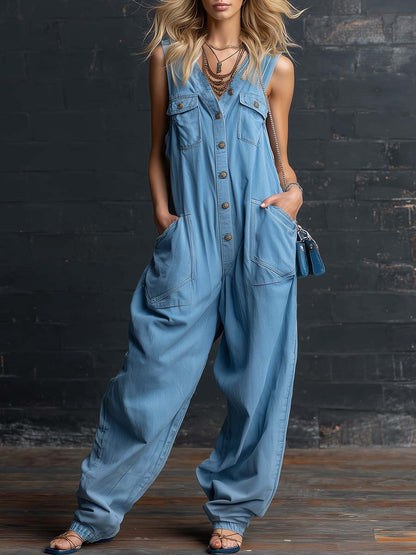 Retro Casual V-neck Front Button Light Blue Denim Jumpsuit