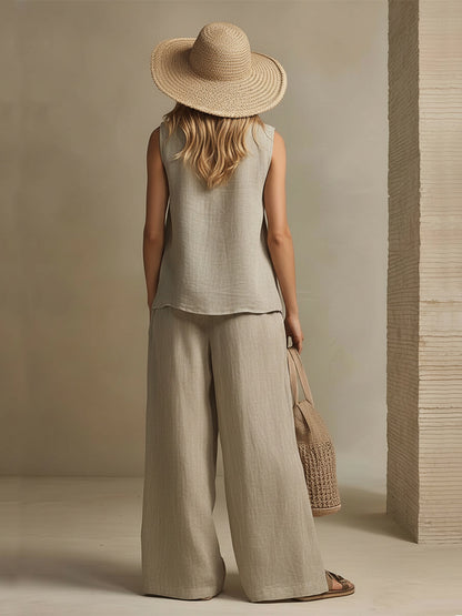 Retro Casual Beige Cotton Linen Round Neck Button-down Top And Slit Pants Set