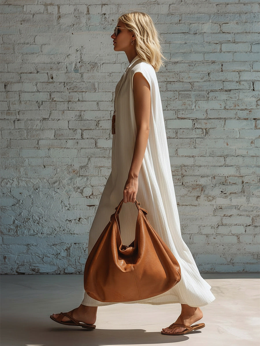 Casual Retro Lapel Front Zipper White Cotton Maxi Dress