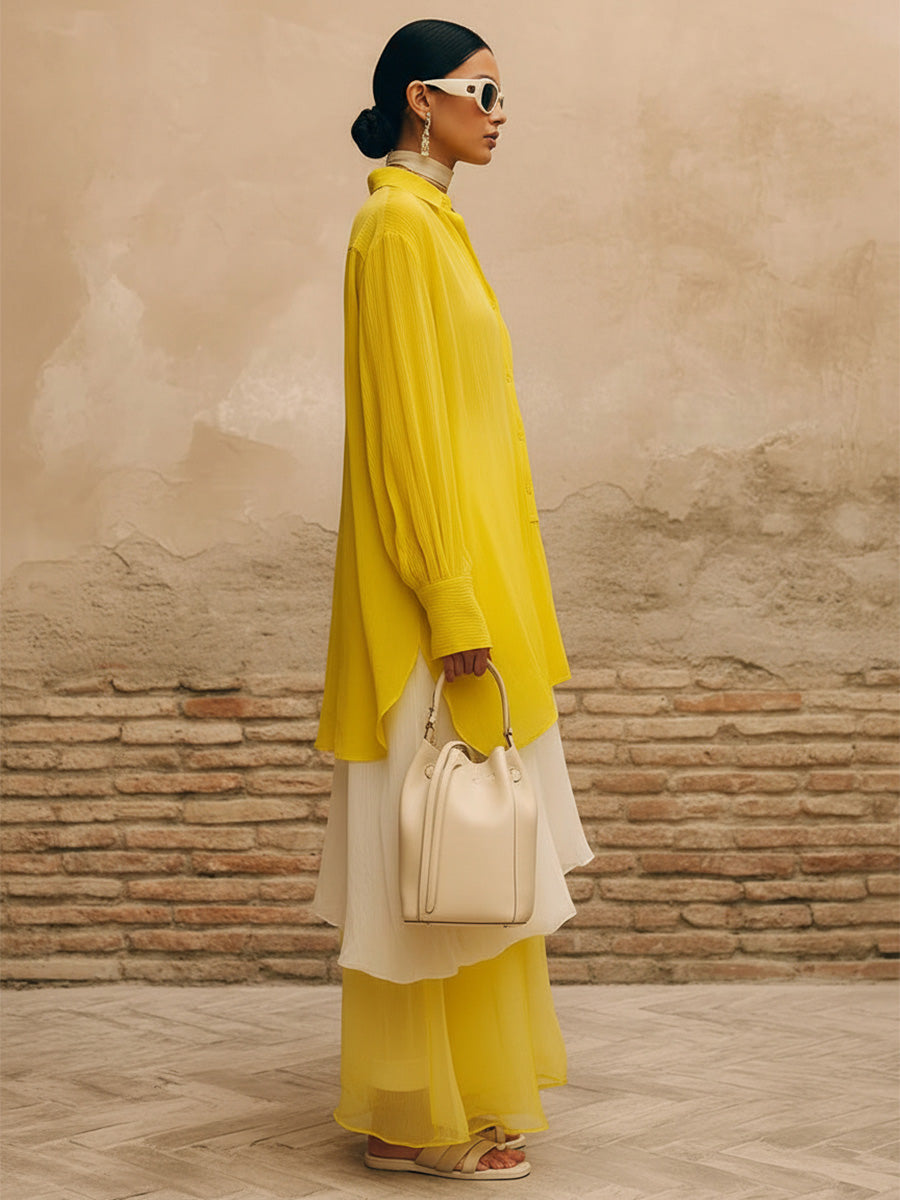 Elegant And Casual Yellow Chiffon Blouse And Double-layered Long Skirt Set