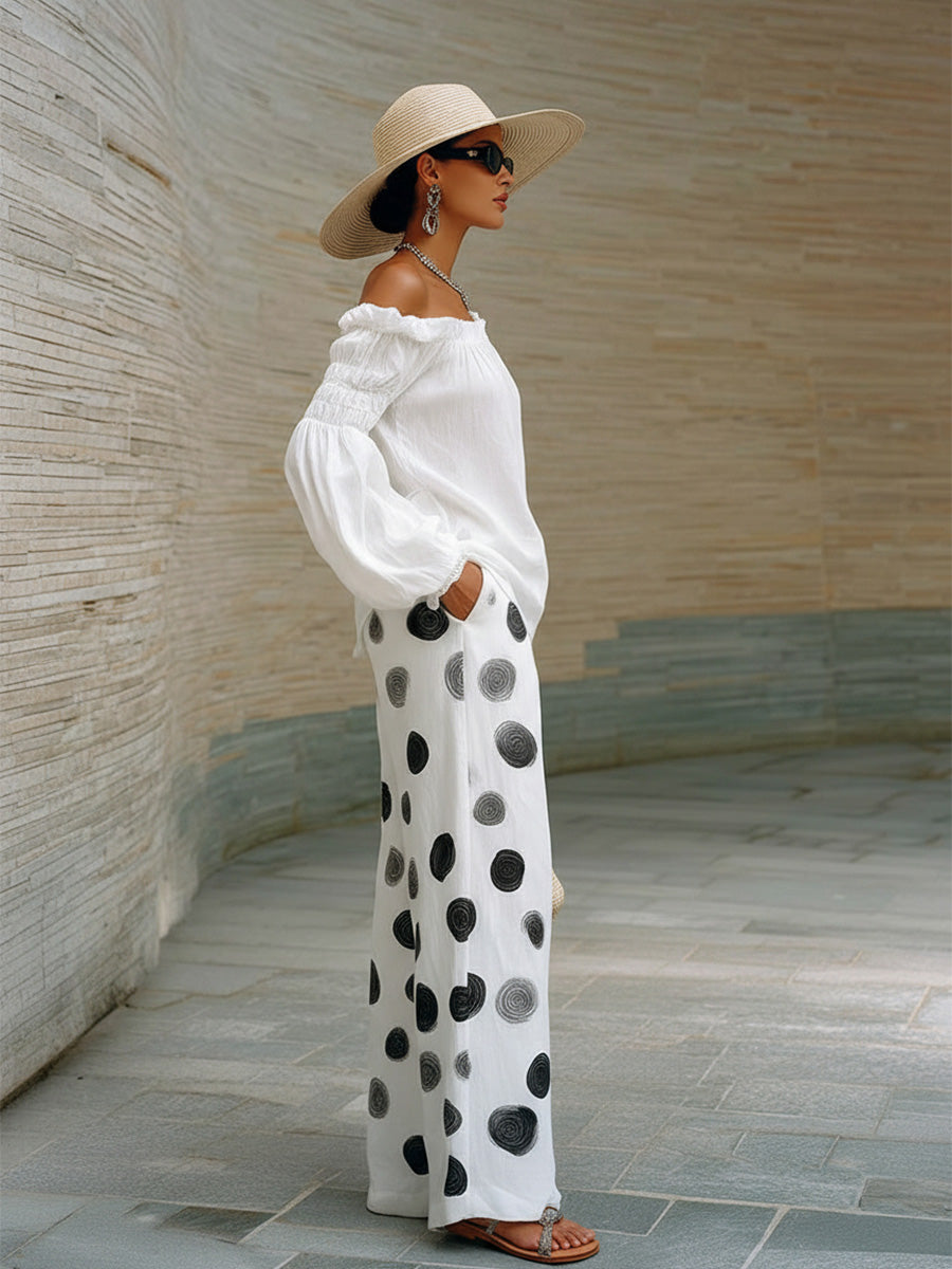 Elegant And Casual White Cotton-linen Off-shoulder Top And Polka Dot Pants Set