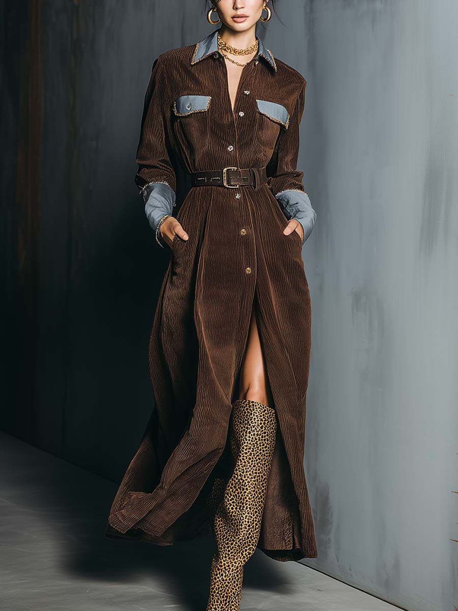 Vintage Exquisite Blue Satin Contrast Color Front Button Brown Corduroy Slit Maxi Dress