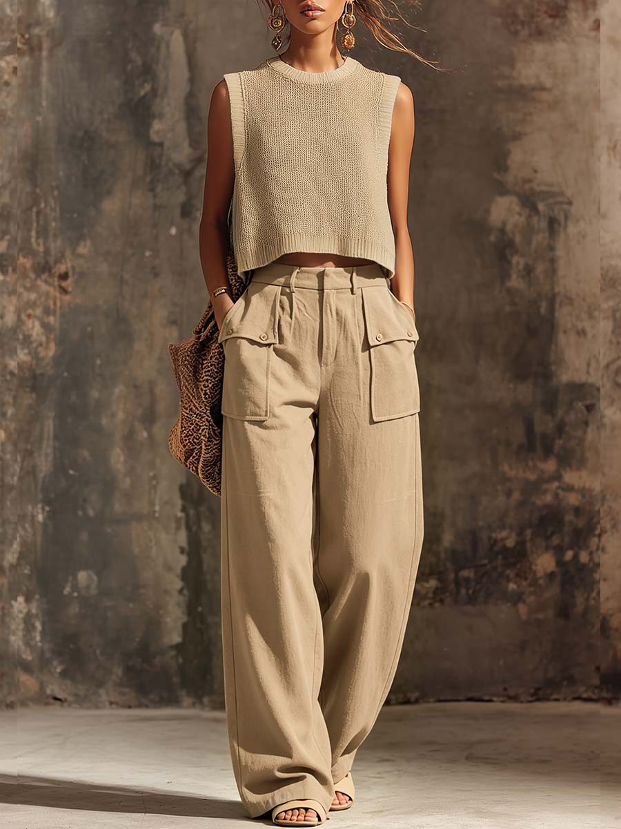 Casual Breathable Urban Style Beige Knitted Top And Cotton Pants Set