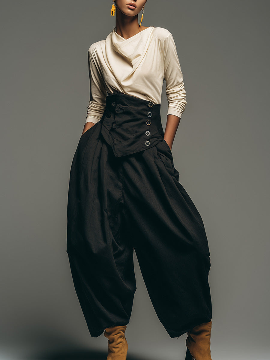 Casual Street Fashion Off-White Top And Button Belt Black Super Wide Pants Set