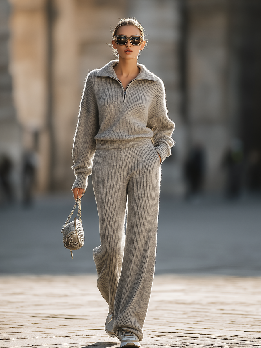 Casual Zip-up Lapel Sweater And Pants Set