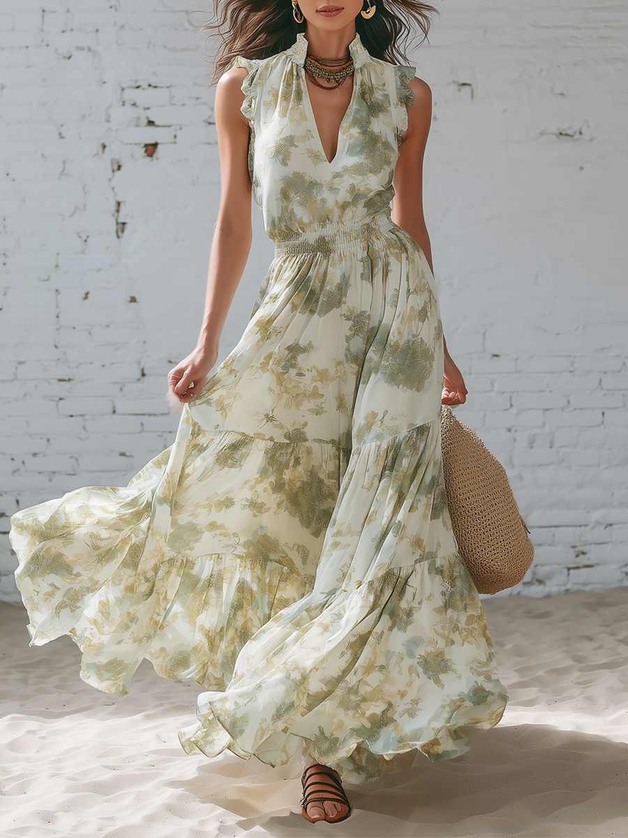 Casual White Chiffon Printed V-neck Sleeveless Ruffled Maxi Dress